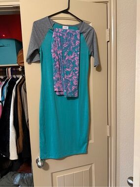 LuLaRoe Julia Dress & OS Leggings Outfit Bundle Teal Pink Floral XXS
